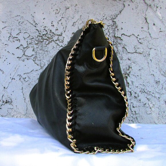 Black faux leather gold tone chain tote 15"X14"X5" - Picture 4 of 7